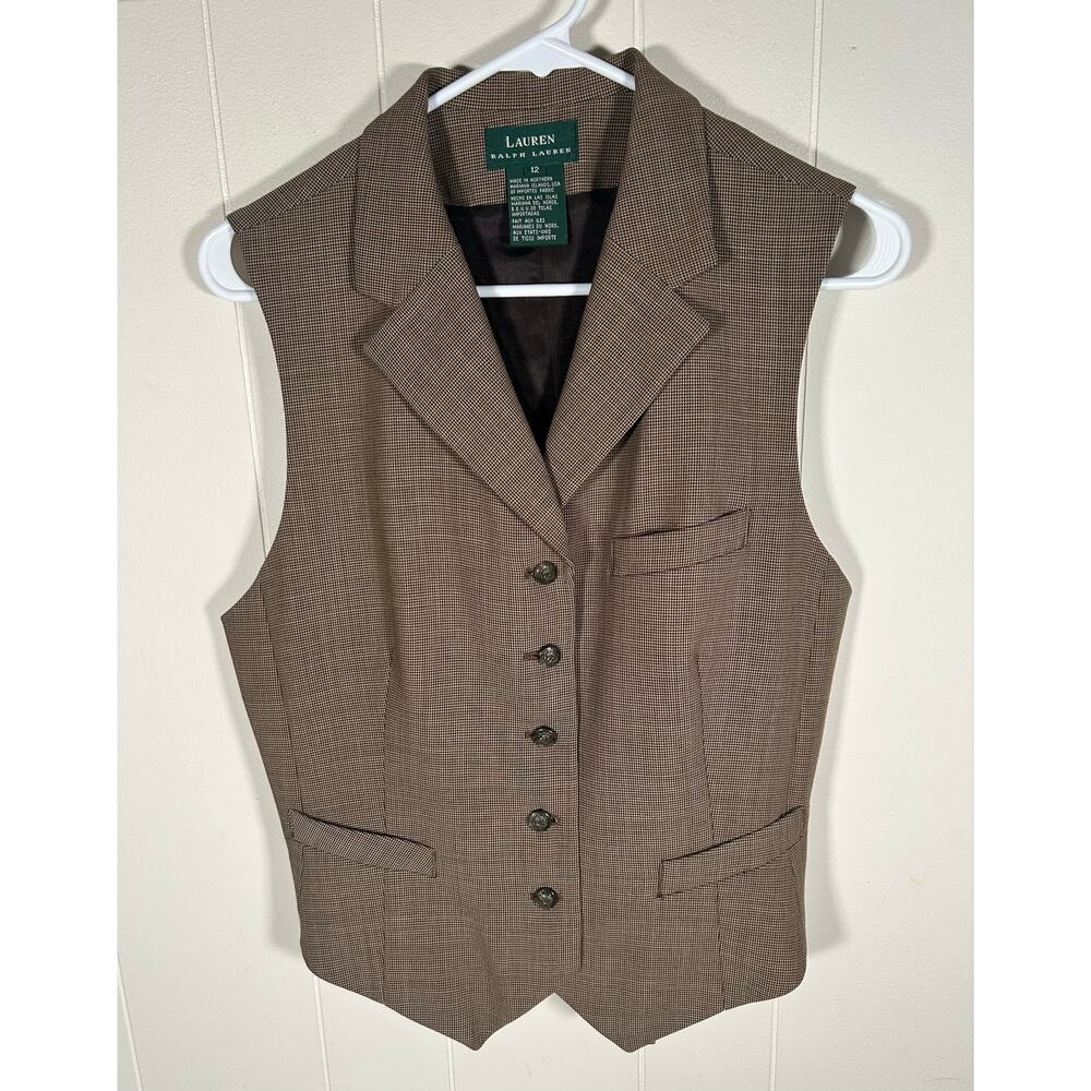 Vtg 90s Lauren Ralph Lauren 100 % Wool Brown Houndstooth Blazer Vest Size 12
